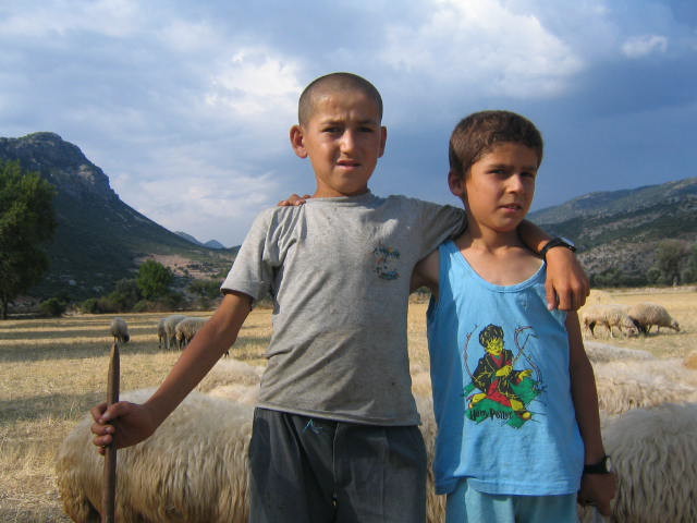 Turkish farmers - two young shepherds tend their sheep